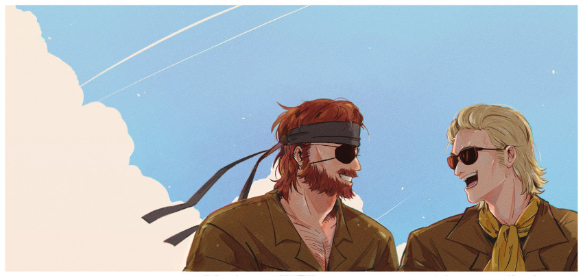 2boys :d bandana beard big_boss blonde_hair blue_sky border brown_hair chest_hair clouds collarbone english_commentary eyepatch facial_hair film_grain from_side highres kazuhira_miller looking_at_another male_focus metal_gear_(series) mullet multiple_boys mustache open_mouth res_(spkofthdvl) sky smile sunglasses upper_body white_border yellow_neckwear