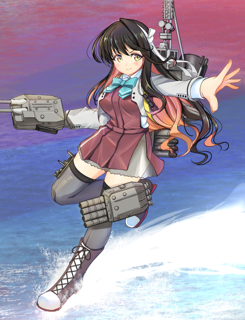 1girl absurdres black_hair blazer blouse boots bow bowtie breasts cannon cross-laced_footwear dress full_body grey_legwear hair_down hairband halterneck highres jacket kantai_collection lace-up_boots large_breasts long_hair machinery multicolored_hair naganami_(kancolle) ocean pink_hair pleated_skirt remodel_(kantai_collection) rigging shirt skirt smokestack solo standing standing_on_liquid thigh-highs torpedo_launcher torpedo_tubes turret two-tone_hair wavy_hair white_blouse white_hairband white_shirt yashin_(yasinz)