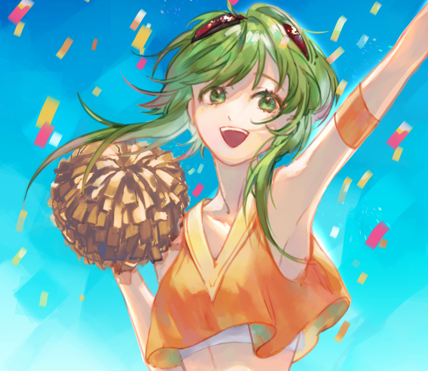1girl arms_up blue_background commentary confetti crop_top english_commentary goggles goggles_on_head green_eyes green_hair gumi highres holding holding_pom_poms mallope midriff open_mouth orange_shirt outstretched_arm pom_pom_(cheerleading) red_goggles sarashi shirt short_hair_with_long_locks smile solo upper_body vocaloid