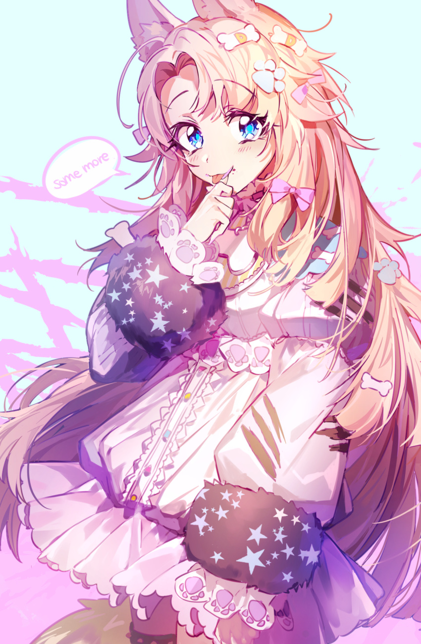 1girl :p animal_ear_fluff animal_ears bangs blue_eyes blush bone_hair_ornament bow bracelet dog_ears dog_girl dog_tail dress hair_bow hair_ornament hair_ribbon hairclip hand_to_own_mouth highres jewelry long_hair long_sleeves multicolored multicolored_clothes original parted_bangs paw_hair_ornament paw_print pink_bow pink_dress puffy_sleeves ribbon tail tongue tongue_out wattaro