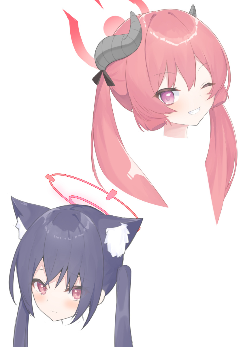 2girls absurdres animal_ear_fluff animal_ears bangs black_hair blue_archive blush cat_ears curled_horns eyebrows_visible_through_hair grin hair_between_eyes halo highres horns junko_(blue_archive) long_hair multiple_girls one_eye_closed portrait redhead roido_(taniko-t-1218) serika_(blue_archive) simple_background smile twintails violet_eyes white_background