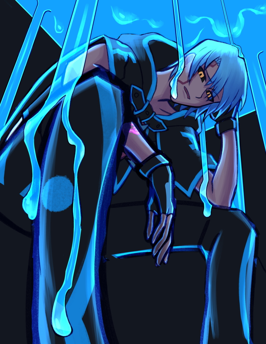 1boy arm_tattoo bangs black_gloves black_pants black_sclera black_shirt blue_hair colored_sclera commentary_request dripping eyebrows_visible_through_hair eyes_visible_through_hair feet_out_of_frame fingerless_gloves gloves hair_between_eyes hand_in_hair highres kiryuu_kyousuke leaning_forward looking_at_viewer male_focus noruuin open_mouth pants shirt short_hair sitting sleeveless sleeveless_shirt solo tattoo yellow_eyes yu-gi-oh! yu-gi-oh!_5d's