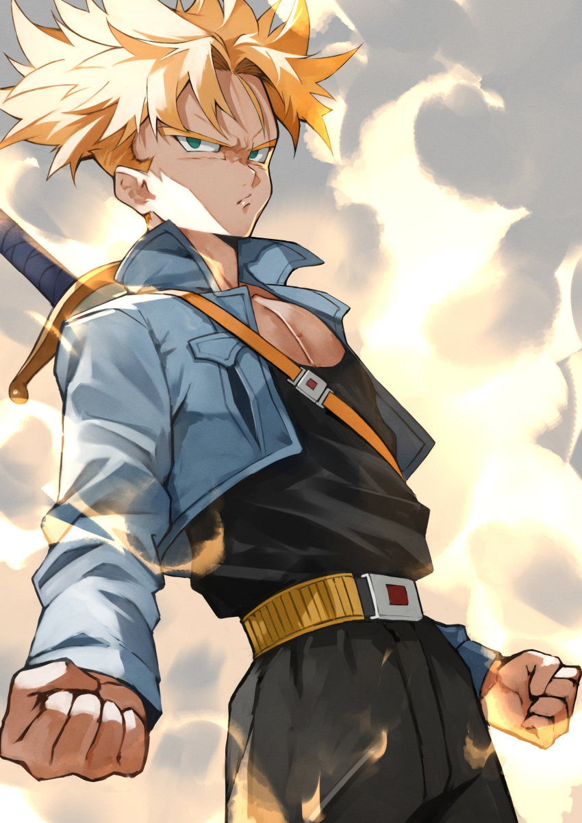 1boy absurdres aqua_eyes aura belt black_pants black_tank_top blonde_hair clenched_hands cropped_jacket denim denim_jacket dragon_ball dragon_ball_z highres male_focus pants pectorals sheath sheathed solo spiky_hair strap super_saiyan super_saiyan_1 sword tank_top trunks_(future)_(dragon_ball) weapon weapon_on_back yoshio_(55level)