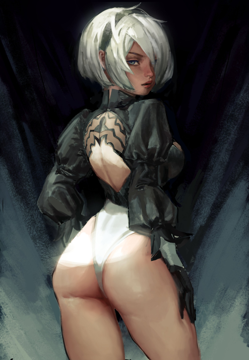 1girl absurdres ass back_cutout black_footwear black_gloves black_hair black_shirt boots clothing_cutout ennmatien from_behind gloves hair_over_one_eye hairband highres juliet_sleeves katana leotard long_sleeves looking_at_viewer looking_back nier_(series) nier_automata parted_lips puffy_sleeves shirt short_hair silver_hair simple_background solo standing sword thigh-highs thigh_boots thighhighs_under_boots weapon white_leotard yorha_no._2_type_b