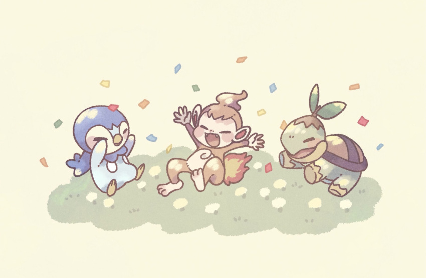 blush_stickers chimchar closed_eyes closed_mouth commentary_request confetti fangs gen_4_pokemon highres kanta1001 no_humans open_mouth piplup pokemon pokemon_(creature) starter_pokemon_trio toes tongue turtwig