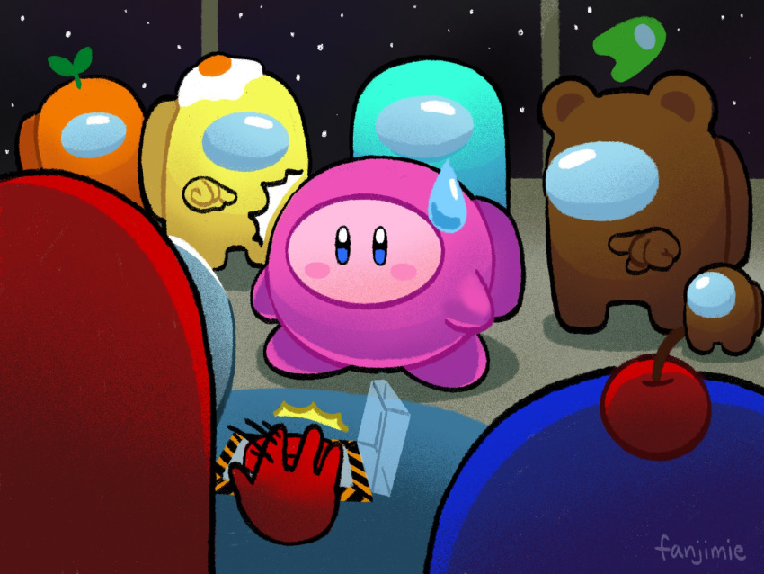 ^^^ among_us artist_name blue_eyes blush_stickers cherry circle_formation commentary english_commentary fanjimie food food_on_head fried_egg fruit fruit_on_head full_body highres indoors kirby kirby_(series) looking_at_another looking_at_viewer mini_crewmate_(among_us) motion_lines no_humans notice_lines object_on_head plant plant_on_head pointing_at_another signature sky space space_station spacesuit standing star_(sky) starry_sky sweatdrop symbol_commentary