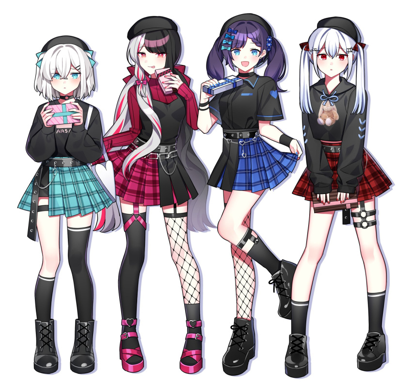 4girls aiba_uiha ars_almal asymmetrical_legwear belt black_hair blue_eyes boots bow breasts choker commentary_request earrings fishnet_legwear fishnets full_body gift hair_between_eyes hair_bow hakase_fuyuki hat heart highres holding holding_gift jewelry long_hair long_sleeves looking_at_viewer multiple_girls nijisanji open_mouth red_eyes shoes short_sleeves simple_background skirt small_breasts socks standing thigh-highs tongue tongue_out twintails waka_(wk4444) white_background white_hair yorumi_rena