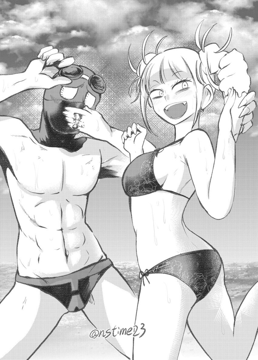 1boy 1girl :d abs beach bikini black_bikini blood boku_no_hero_academia breasts clouds cloudy_sky double_bun earrings fangs food greyscale highres holding holding_food ice_cream ice_cream_cone jewelry looking_back mask messy_hair monochrome nosebleed nstime23 open_mouth running sky smile swimsuit symbol_commentary toga_himiko twice_(boku_no_hero_academia)