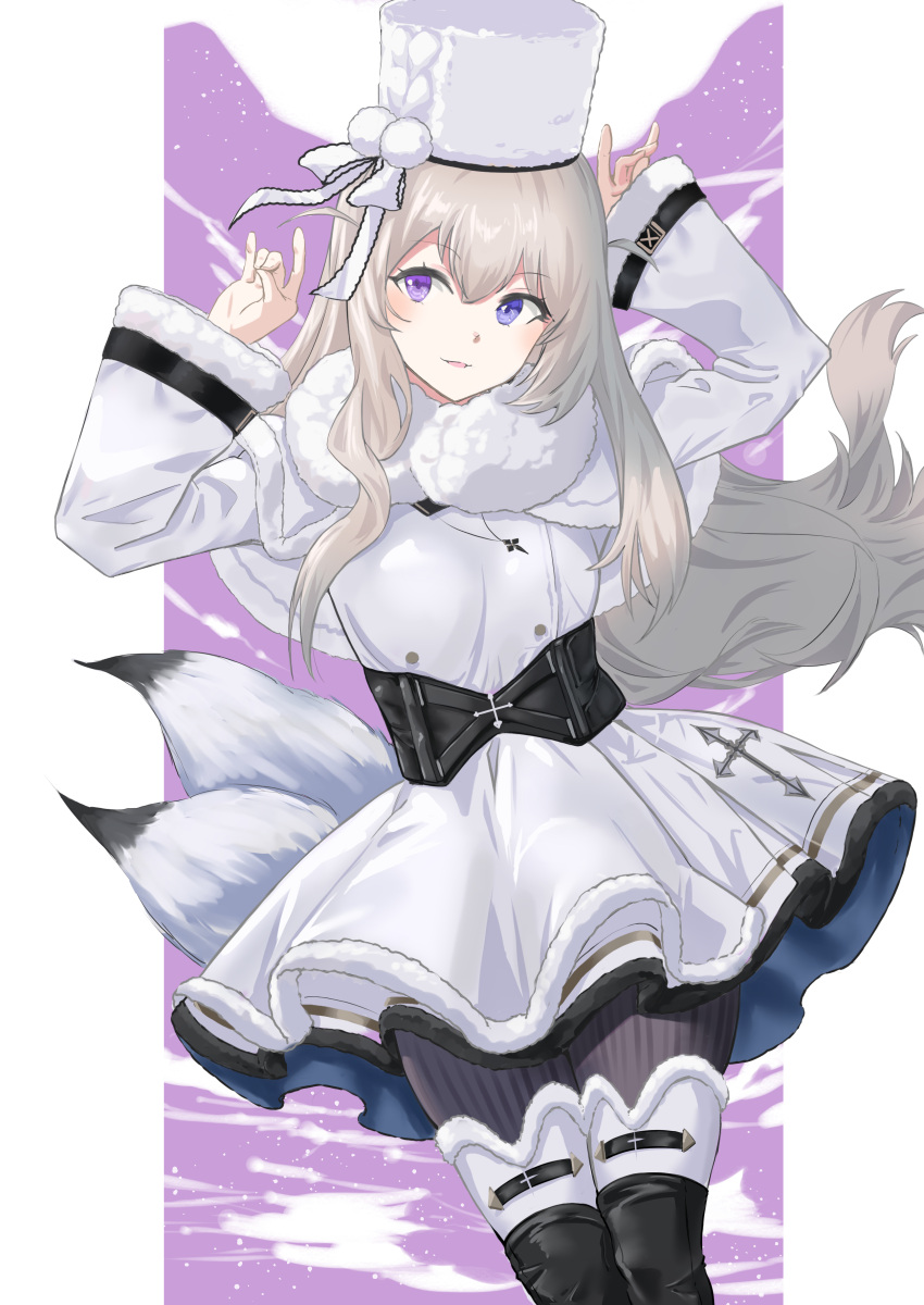 1girl absurdres azur_lane belt black_belt black_footwear black_legwear blue_eyes boots coat cross cross_necklace dress eyebrows_visible_through_hair fur-trimmed_coat fur-trimmed_collar fur-trimmed_headwear fur_trim hands_up heterochromia highres jewelry knee_boots long_hair looking_at_viewer murmansk_(azur_lane) necklace northern_parliament_(emblem) pantyhose papakha platinum_blonde_hair sankyo_(821-scoville) simple_background solo standing violet_eyes white_coat white_dress white_headwear winter_clothes winter_coat