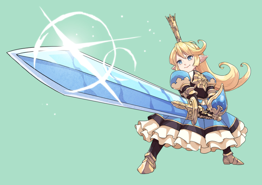 absurdres armor armored_dress blonde_hair blue_eyes boots charlotta_fenia cirenk dwarf foreshortening glint granblue_fantasy highres looking_afar perspective pointing_sword pointy_ears shield sunrise_stance tall_crown