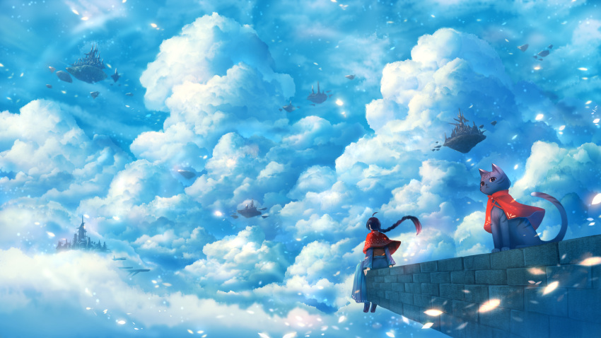 1girl ahoge black_hair capelet cat city clouds cloudy_sky dress fantasy floating_island from_behind highres ledge light_particles long_hair looking_afar original sakimori_(hououbds) scenery sing_braid sitting sky wind