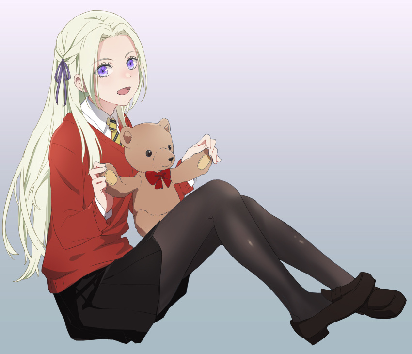 1girl :d alternate_costume asao_(vc) black_footwear black_legwear black_skirt braid collared_shirt edelgard_von_hresvelg fire_emblem fire_emblem:_three_houses french_braid from_side full_body gradient gradient_background grey_background hair_ribbon highres loafers long_hair long_sleeves looking_at_viewer miniskirt necktie open_mouth pantyhose pleated_skirt purple_ribbon red_sweater ribbon school_uniform shiny shiny_clothes shiny_legwear shirt shoes silver_hair skirt smile solo striped striped_neckwear stuffed_animal stuffed_toy sweater teddy_bear very_long_hair violet_eyes white_shirt wing_collar