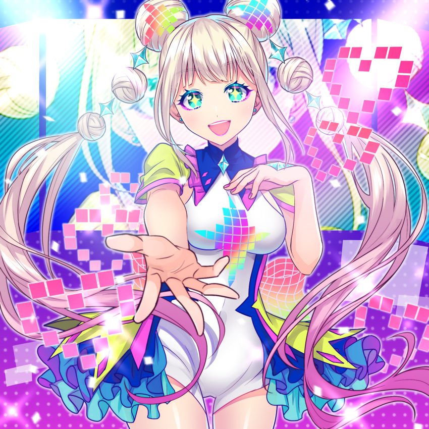 1girl :d blonde_hair colorful cowboy_shot diamond_(shape) double_bun fingernails frills green_eyes haruyuki_14 highres layered_stories_zero long_hair looking_at_viewer michelle_(layered_stories_zero) open_mouth outstretched_hand pink_nails pixel_heart smile solo standing symbol-shaped_pupils twintails white_jumpsuit zoom_layer