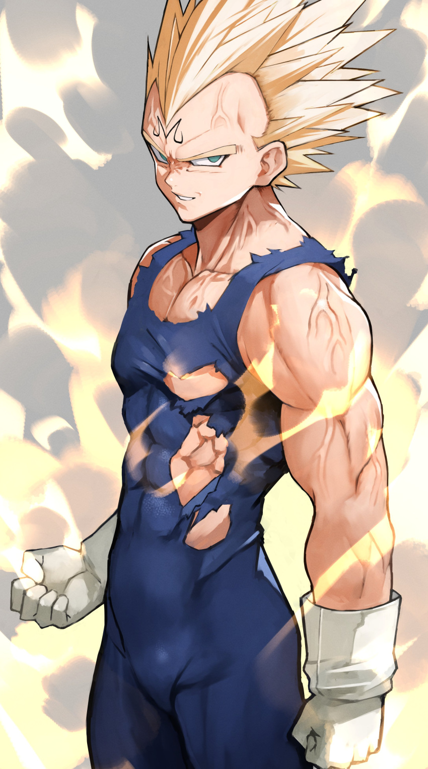 1boy abs absurdres blonde_hair bodysuit clenched_hands covered_abs dragon_ball dragon_ball_z energy facial_mark forehead_mark gloves green_eyes grin highres looking_at_viewer majin_vegeta male_focus muscular muscular_male smile spiky_hair super_saiyan super_saiyan_2 teeth torn_clothes vegeta veins white_gloves yoshio_(55level)