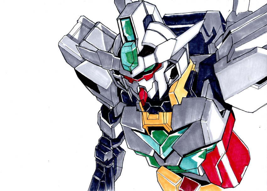 core_gundam_ii green_eyes gundam gundam_build_divers gundam_build_divers_re:rise looking_ahead marker_(medium) mecha mobile_suit no_humans one_eye_covered science_fiction sin@teien-tei solo traditional_media upper_body v-fin white_background