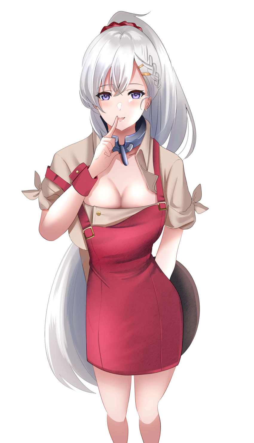 1girl absurdres apron azur_lane bangs belfast_(azur_lane) belfast_(piping-hot_perfection)_(azur_lane) braid breasts brown_shirt earrings eyebrows_visible_through_hair finger_to_mouth french_braid green_hair hair_ribbon hand_on_back highres jewelry long_hair looking_at_viewer medium_breasts open_mouth ponytail red_apron red_ribbon ribbon shirt solo standing violet_eyes white_background yuyuyu_(yuyuyu_ky)