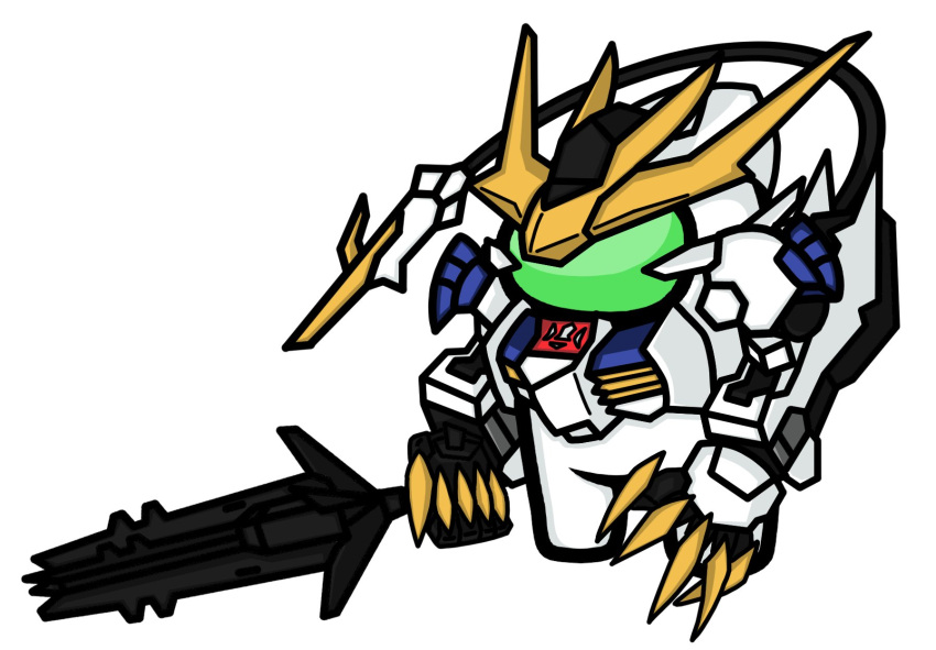 among_us crewmate_(among_us) crossover fusion gundam gundam_barbatos gundam_barbatos_lupus_rex gundam_tekketsu_no_orphans highres holding holding_weapon looking_ahead mecha mechanical_tail open_hand tail v-fin visor weapon white_background zexas