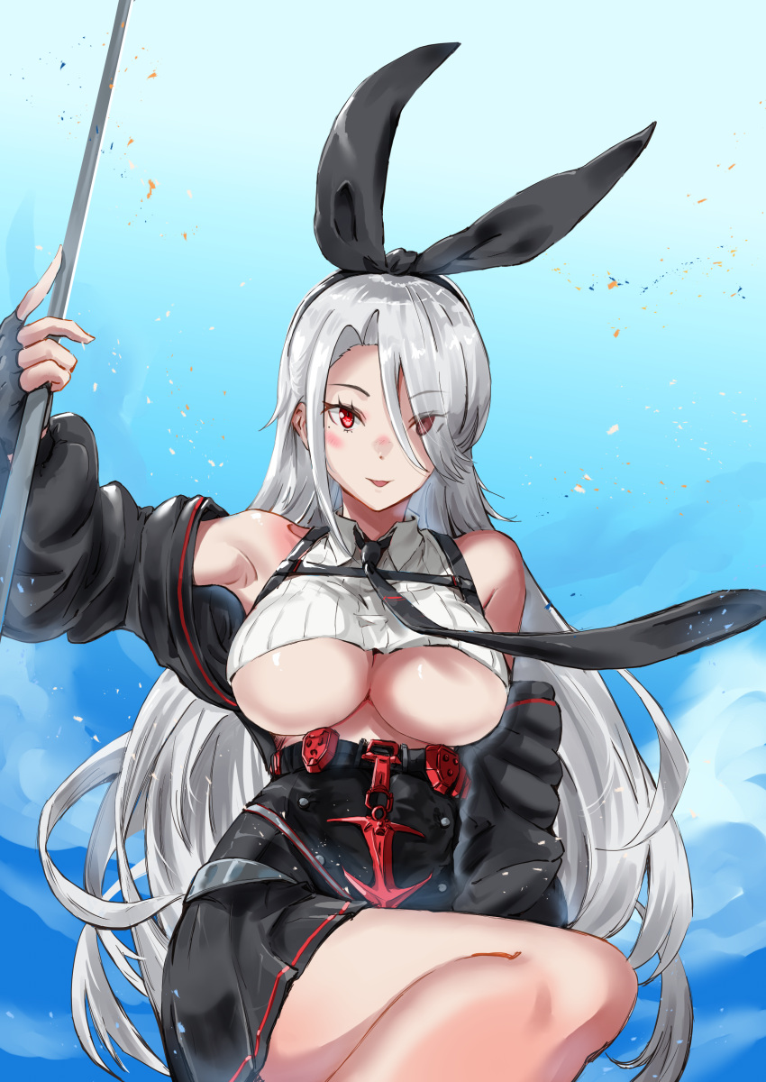1girl absurdres armpits azur_lane black_gloves black_jacket black_neckwear black_skirt blue_sky blush breasts bunny_hair_ornament eyebrows_visible_through_hair fingerless_gloves gloves hair_ornament highres holding jacket jacket_pull large_breasts long_hair looking_at_viewer necktie prinz_heinrich_(azur_lane) red_eyes sankyo_(821-scoville) silver_hair skirt sky solo thighs tongue tongue_out under_boob