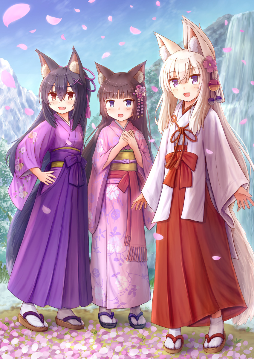 3girls :d animal_ear_fluff animal_ears bangs black_footwear black_hair blue_eyes blue_sky blush brown_eyes brown_footwear brown_hair cat_ears cherry_blossoms commentary_request day eyebrows_visible_through_hair floral_print flower fox_ears fox_girl fox_tail hair_between_eyes hair_flower hair_ornament hairclip hakama hand_on_hip hands_together hands_up highres iroha_(iroha_matsurika) japanese_clothes kimono long_hair long_sleeves miko mountain multiple_girls obi open_mouth original outdoors own_hands_together pink_flower pink_kimono print_kimono purple_hakama red_hakama sash sky sleeves_past_wrists smile socks standing tabi tail very_long_hair violet_eyes water waterfall white_hair white_kimono white_legwear wide_sleeves x_hair_ornament zouri