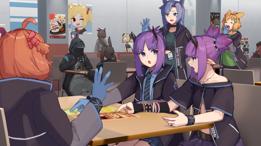 6+girls ahoge ambiguous_gender amiya_(arknights) animal_ears arknights bare_shoulders beagle_(arknights) blonde_hair blue_eyes blue_gloves blue_hair blue_skirt bracelet brown_hair cafeteria chair chopsticks closed_eyes doctor_(arknights) eating exusiai_(arknights) fang_(arknights) gloves green_shirt gummy_(arknights) hair_ornament halo hand_up hat hibiscus_(arknights) highres holding holding_chopsticks horns ifrit_(arknights) jacket jessica_(arknights) jewelry kroos_(arknights) lava_(arknights) long_sleeves matterhorn_(arknights) medium_hair megusuri_nodoame_kuensan menu multiple_girls name_tag necktie open_clothes open_jacket open_mouth orange_hair pointing pointy_ears poster_(object) purple_hair rabbit_ears redhead ring salute shaw_(arknights) shirt short_hair short_sleeves short_twintails shoulder_spikes silence_(arknights) skirt sora_(arknights) spiked_bracelet spikes sunny_side_up_egg symbol-shaped_pupils table tooth_necklace twintails vigna_(arknights) violet_eyes yawning