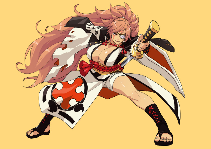 absurdres angry armless baiken breasts cirenk facial_tattoo guilty_gear guilty_gear_xrd highres jacket long_hair one-eyed pink_hair red_eyes samurai sandals sheathing tattoo toeless_footwear