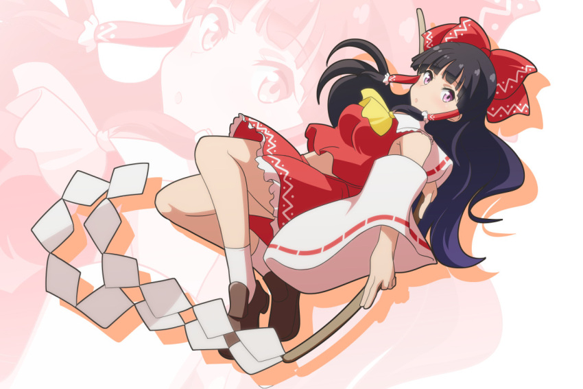 1girl :o ascot bangs bare_shoulders black_hair blunt_bangs bow breasts brown_footwear cato_(monocatienus) detached_sleeves drop_shadow eyebrows_visible_through_hair frilled_shirt_collar frills full_body gohei hair_bow hair_tubes hakurei_reimu holding holding_stick long_hair looking_at_viewer lying medium_breasts midriff_peek on_back petticoat pink_eyes red_bow red_skirt sidelocks skirt solo stick touhou white_legwear wide_sleeves yellow_neckwear zoom_layer