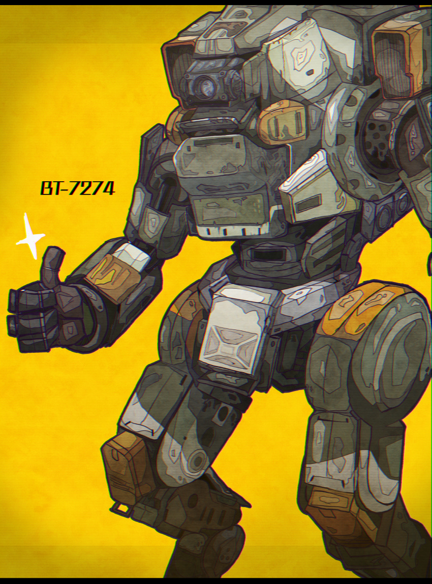 absurdres bt-7274 character_name grey_eyes highres huge_filesize jhintoxlc looking_ahead mecha one-eyed science_fiction solo sparkle thumbs_up titanfall_(series) titanfall_2 yellow_background