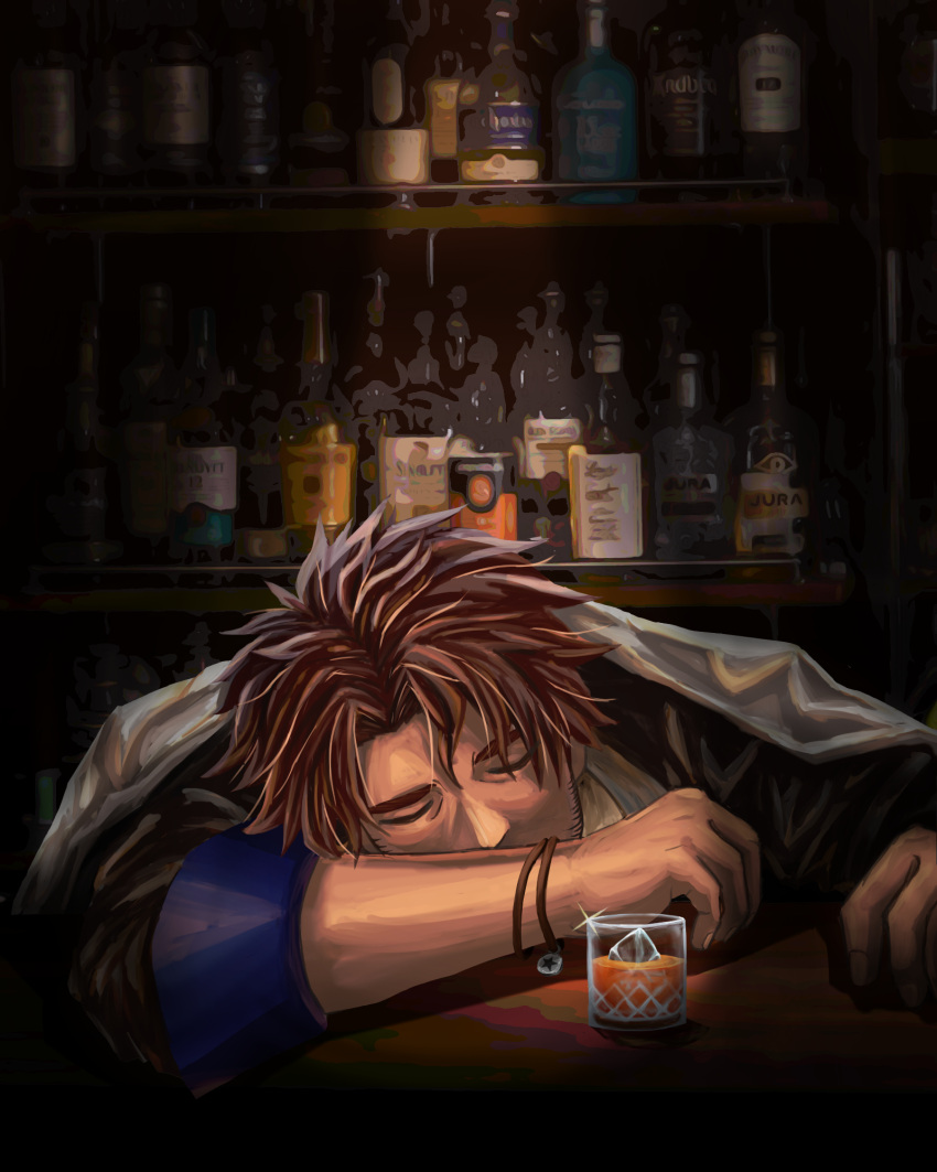 1boy belmond_banderas black_shirt blanket bottle brown_hair closed_eyes collared_shirt commentary_request covered_mouth cup drink drinking_glass facial_hair highres ice ice_cube kogitsune_(kogitsu_neko) long_sleeves male_focus nijisanji shirt sleeping solo stubble thick_eyebrows virtual_youtuber