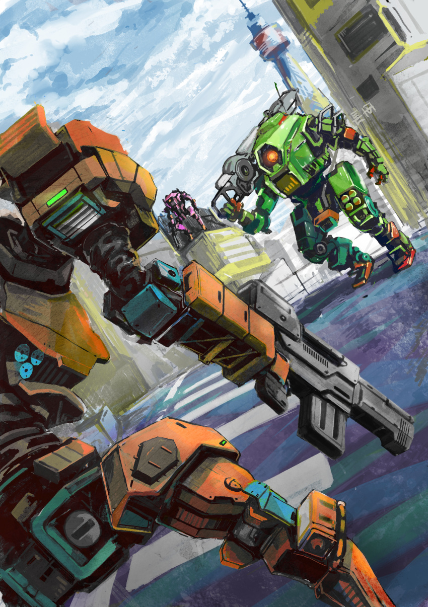 absurdres armored_core crossover glowing glowing_eye gun highres holding holding_gun holding_weapon ion_(titanfall_2) mecha mecha_request monarch_(titanfall_2) nagaoka_kihei no_humans one-eyed open_hand orange_eyes over_shoulder science_fiction titanfall_(series) titanfall_2 weapon weapon_over_shoulder