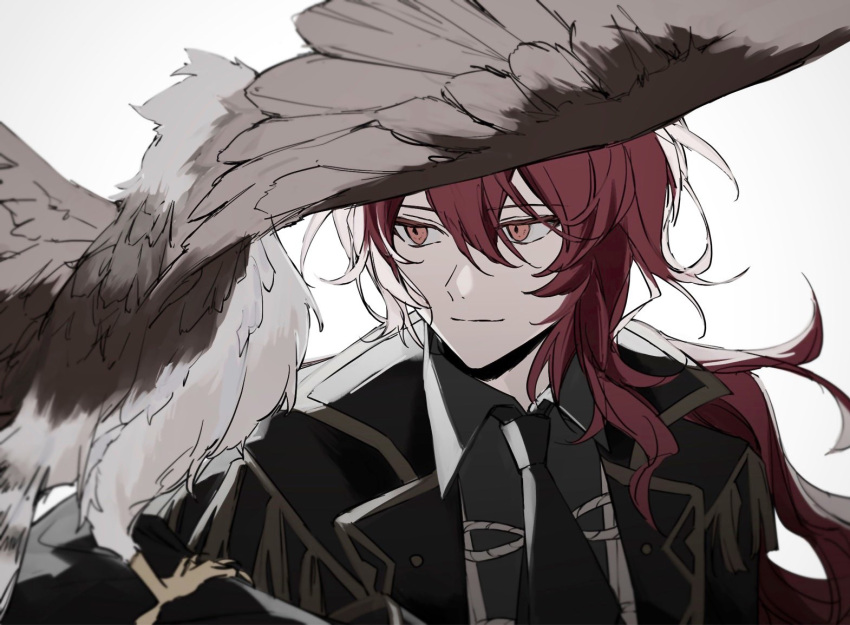 1boy animal_on_arm bangs bird bird_on_arm black_jacket black_neckwear closed_mouth diluc_(genshin_impact) eyebrows_visible_through_hair falcon genshin_impact hair_between_eyes jacket long_hair long_sleeves male_focus mihnd182 necktie ponytail red_eyes redhead simple_background spread_wings upper_body