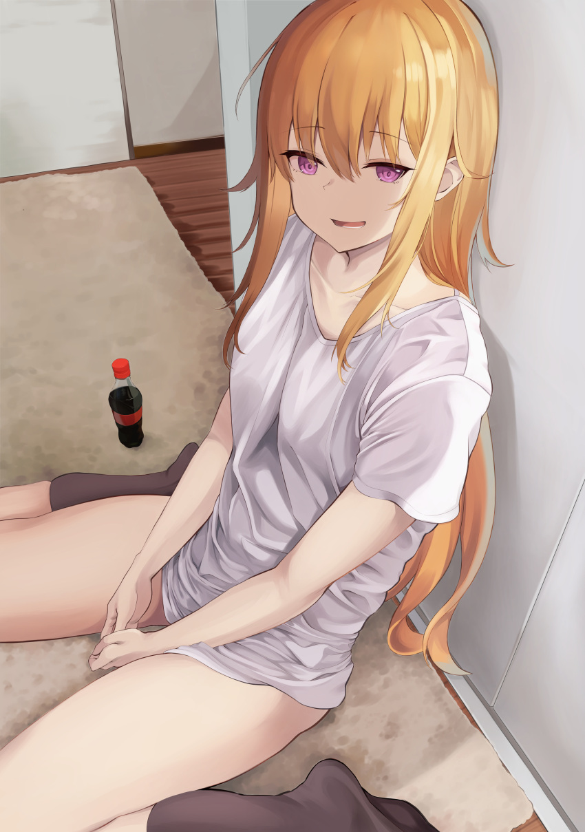 1girl :d absurdres bangs black_legwear blonde_hair carpet cola collarbone eyebrows_visible_through_hair gabriel_dropout highres indoors kneehighs long_hair looking_at_viewer no_pants on_floor open_mouth own_hands_together screw_(artist) shirt short_sleeves sitting smile soda_bottle solo tenma_gabriel_white violet_eyes wariza white_shirt
