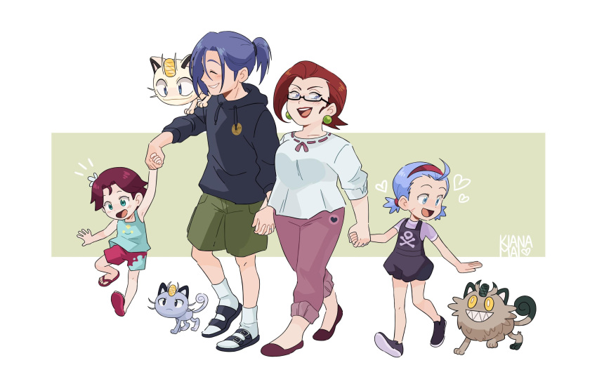 absurdres alolan_form alolan_meowth casual family galarian_form galarian_meowth gen_1_pokemon gen_7_pokemon gen_8_pokemon glasses highres holding_hands hood hoodie if_they_mated james_(pokemon) jessie_(pokemon) kiana_mai meowth older on_shoulder open_mouth pokemon pokemon_(anime) pokemon_(creature) pokemon_on_shoulder purple_hair redhead sandals semi-rimless_eyewear sharp_teeth smile sweater team_rocket teeth whiskers