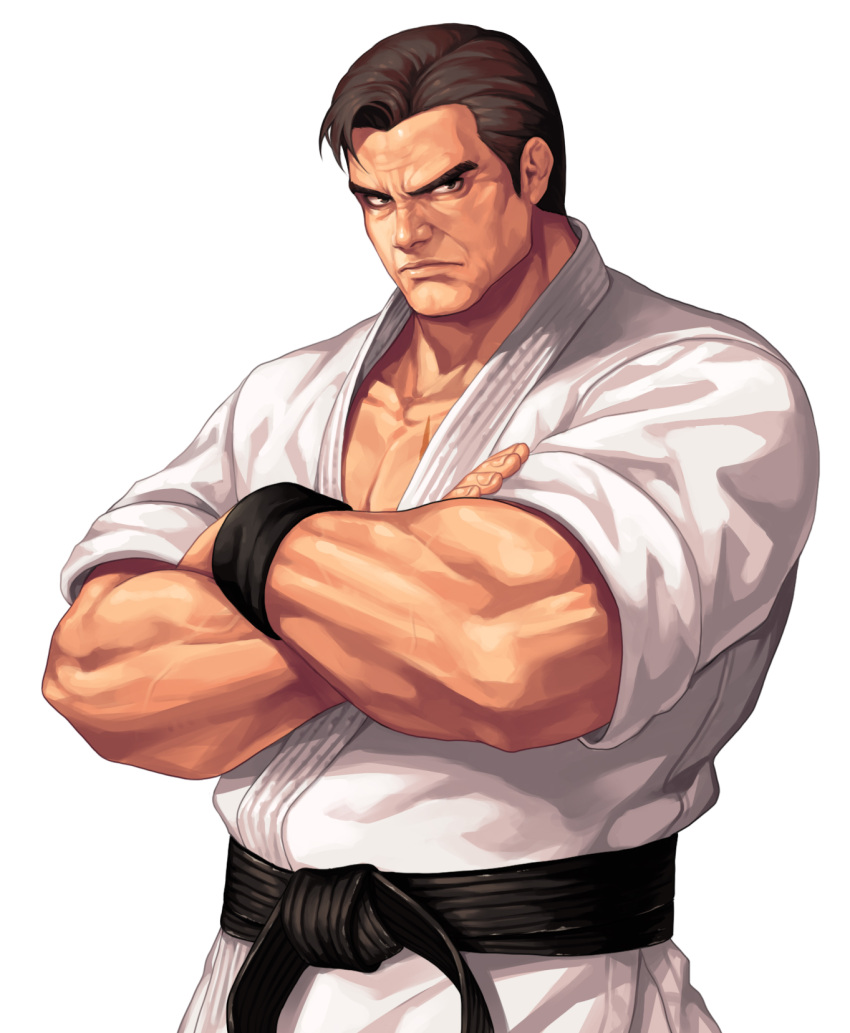 1boy belt biceps black_belt black_hair brown_eyes closed_mouth collarbone commentary_request cowboy_shot crossed_arms dougi evilgun highres lips looking_at_viewer male_cleavage male_focus muscular muscular_male pectorals ryuuko_no_ken serious short_hair simple_background sleeves_rolled_up solo standing takuma_sakazaki the_king_of_fighters the_king_of_fighters_'95 thick_eyebrows veins white_background wristband