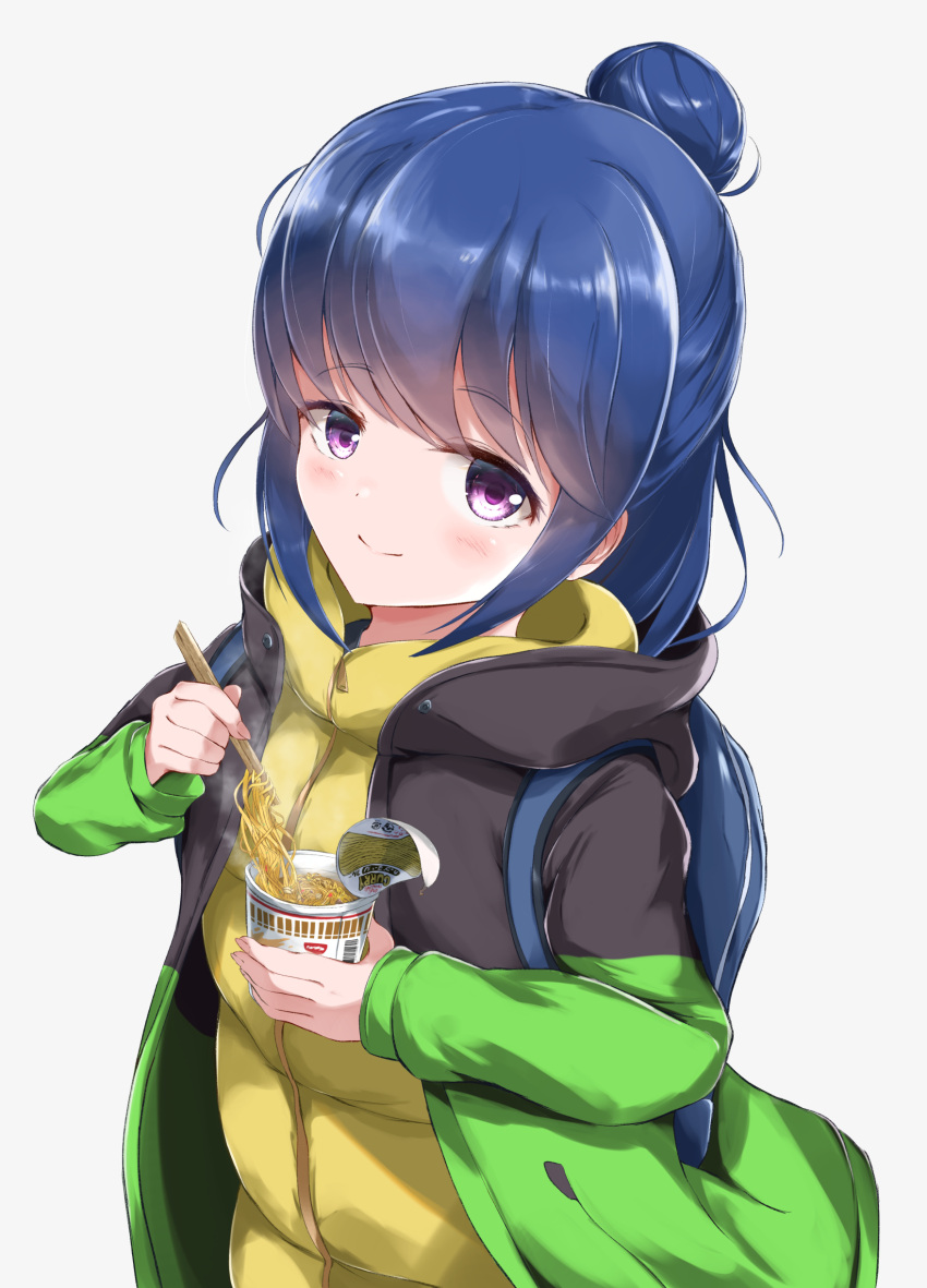 1girl absurdres backpack bag blue_hair chopsticks closed_mouth eyebrows_visible_through_hair hair_bun highres holding holding_chopsticks jacket looking_at_viewer ramen shima_rin short_hair sidelocks simple_background smile solo upper_body violet_eyes white_background winter_clothes younger ysys yurucamp