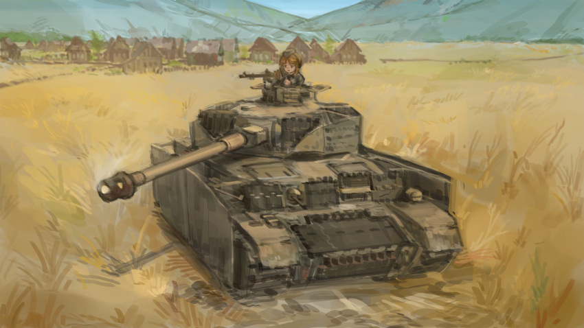 1girl blurry brown_hair depth_of_field faux_traditional_media field garrison_cap girls_und_panzer ground_vehicle gun hat highres hill house machine_gun mg42 military military_uniform military_vehicle motor_vehicle nishizumi_miho outdoors panzerkampfwagen_iv scenery short_hair sketch sky smoke smoking_gun tank throat_microphone town uniform weapon wheat_field world_war_ii