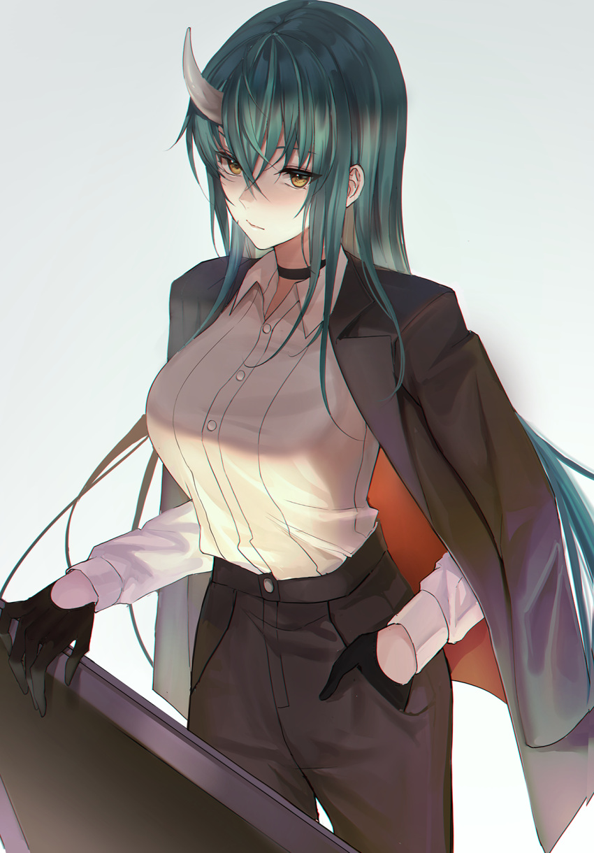 1girl alternate_costume arknights bangs black_choker black_gloves black_jacket black_pants breasts choker closed_mouth collared_shirt dress_shirt gloves green_hair hair_between_eyes hand_in_pocket highres horns hoshiguma_(arknights) jacket jacket_on_shoulders kernel_killer large_breasts long_hair looking_at_viewer pants shield shirt simple_background single_horn skin-covered_horns solo straight_hair very_long_hair white_background white_shirt yellow_eyes