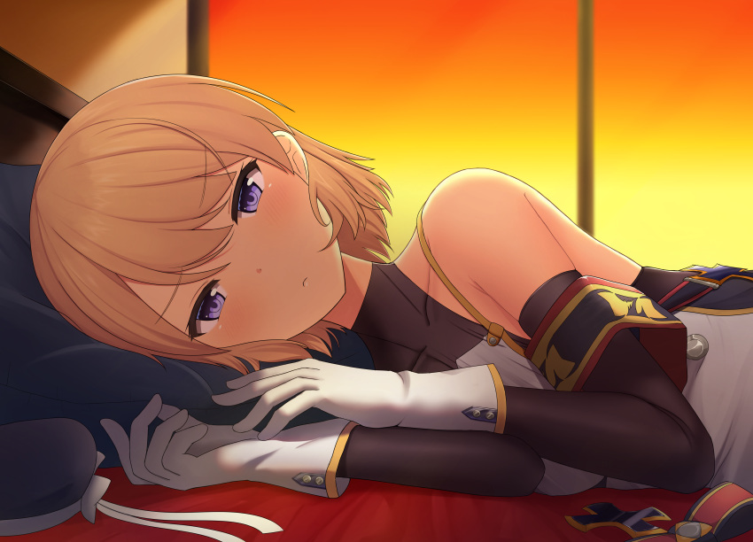 1girl absurdres azur_lane bangs bed_sheet blurry brown_hair code4_(nuiyoi) collarbone commentary_request depth_of_field detached_sleeves eyebrows_visible_through_hair frown gloves hat hat_removed hat_ribbon headwear_removed highres looking_at_viewer looking_to_the_side lying on_side ribbon short_hair sidelocks silver_hair solo twilight white_gloves window z23_(azur_lane)