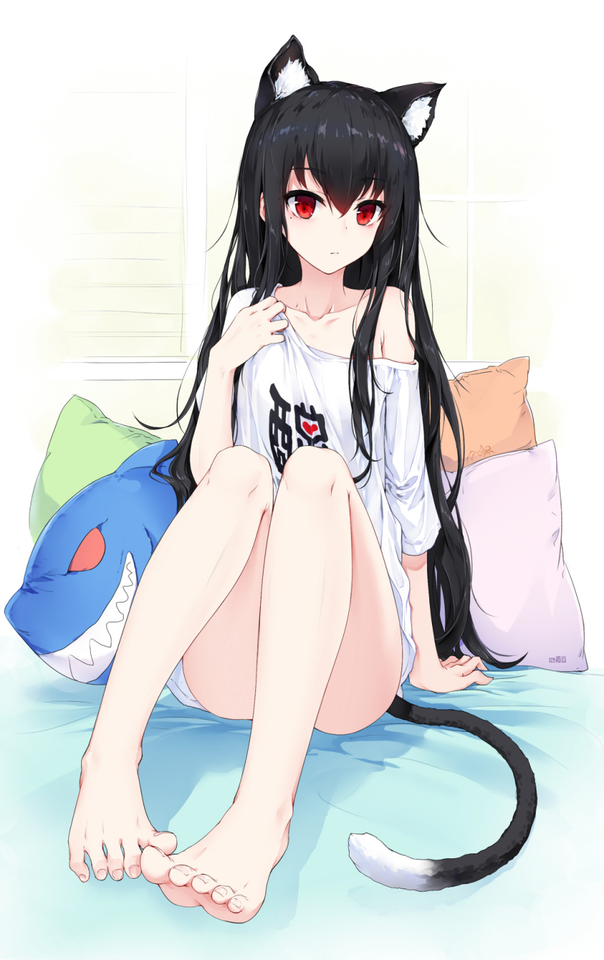 1girl :| animal_ear_fluff animal_ears bangs bare_legs barefoot bed bed_sheet cat_ears chinese_commentary closed_mouth commentary_request eyebrows_visible_through_hair feet hair_between_eyes highres long_hair long_shirt looking_at_viewer loungewear on_bed original pillow red_eyes shibanme_tekikumo shirt sidelocks single_bare_shoulder sitting sitting_on_bed solo stuffed_animal stuffed_shark stuffed_toy tail toes white_shirt xingye
