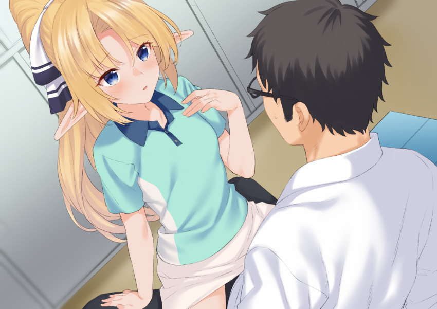 1boy 1girl arm_support bangs black-framed_eyewear black_hair black_ribbon blonde_hair blue_eyes blue_shirt breasts collarbone commentary_request dutch_angle elf enjou_kouhai_oshiego_wa_elf_ryuu_ningyo_jinrou eyebrows_visible_through_hair from_behind glasses hair_ribbon hand_up high_ponytail indoors iris_(takunomi) long_hair looking_at_another on_lap open_mouth pants pointy_ears ponytail ribbon shirt short_sleeves sitting takunomi two-tone_shirt white_ribbon white_shirt