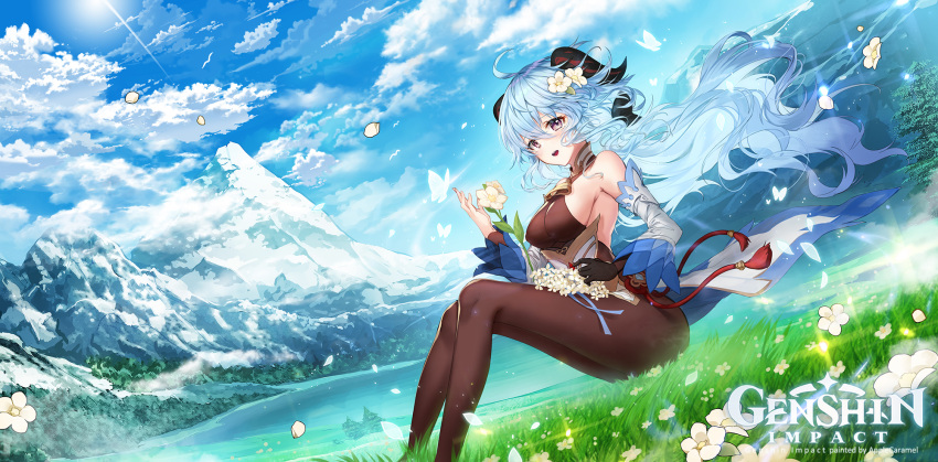 1girl ahoge apple_caramel bare_shoulders bell black_gloves blue_hair blue_sky bodystocking breasts bug butterfly clouds copyright_name cowbell detached_sleeves dutch_angle feet_out_of_frame floating_hair flower ganyu_(genshin_impact) genshin_impact gloves goat_horns hair_between_eyes hair_flower hair_ornament high_collar highres horns insect logo long_hair looking_at_viewer multiple_sources neck_bell no_nose open_mouth outdoors petals sideboob single_glove sitting sky smile solo sun tassel upper_teeth very_long_hair violet_eyes vision_(genshin_impact) waist_cape water watermark white_flower