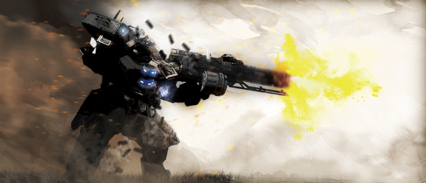 dust embers firing from_side gun highres holding holding_gun holding_weapon legion_(titanfall_2) mecha no_humans science_fiction shell_casing solo titanfall_(series) titanfall_2 weapon ylmi