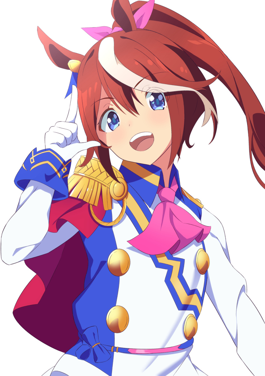 1girl :d animal_ears ascot blue_eyes blue_jacket brown_hair buttons cape double-breasted ear_piercing epaulettes eyebrows_visible_through_hair eyes_visible_through_hair gloves hair_flaps hair_over_eyes hair_ribbon high_ponytail highres horse_ears horse_girl index_finger_raised jacket long_hair looking_at_viewer multicolored_hair open_mouth piercing pink_neckwear pink_ribbon red_cape ribbon simple_background smile solo streaked_hair tokai_teio two-tone_hair two-tone_jacket umamusume upper_teeth v-shaped_eyebrows white_background white_gloves white_hair white_jacket zundamochi_(pixiv13535730)