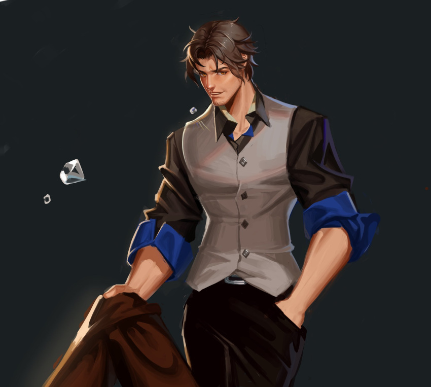 1boy bangs belmond_banderas black_pants black_shirt brown_eyes brown_hair brown_jacket collared_shirt commentary_request diamond_(gemstone) dress_shirt facial_hair grey_background grey_vest hand_in_pocket henrryxv highres holding holding_clothes holding_jacket jacket jacket_removed long_sleeves looking_at_viewer male_focus nijisanji pants parted_bangs shirt solo stubble thick_eyebrows vest virtual_youtuber