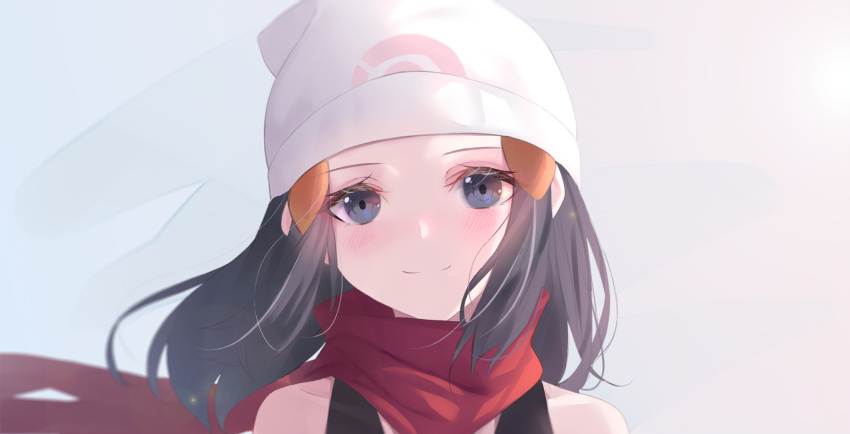 1girl bare_shoulders beanie black_eyes black_hair blush chinese_commentary closed_mouth commentary_request hikari_(pokemon) gradient gradient_background grey_background hat highres long_hair looking_at_viewer pokemon pokemon_(game) pokemon_dppt portrait red_scarf scarf shokuyou_koori sidelocks sleeveless smile solo white_headwear