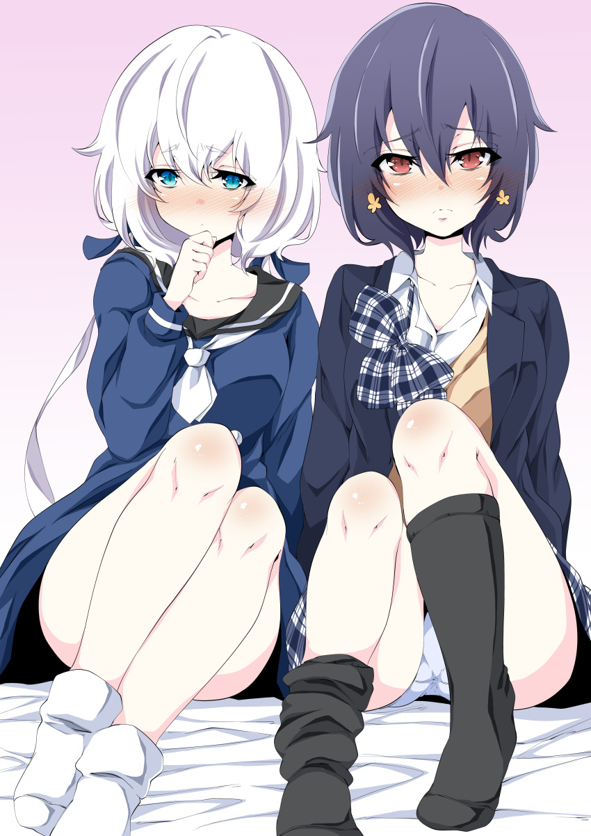 2girls absurdres bare_legs black_dress black_hair black_legwear black_sailor_collar blazer blue_eyes blush bow commentary_request dress gradient gradient_background hair_ornament highres jacket kneehighs knees_up konno_junko long_hair looking_at_viewer low_twintails ma-yu miniskirt mizuno_ai multiple_girls neckerchief panties pink_background plaid plaid_bow plaid_neckwear plaid_skirt red_eyes sailor_collar sailor_dress school_uniform short_dress short_hair sitting skirt socks thighs twintails underwear white_hair white_legwear white_neckwear white_panties zombie_land_saga