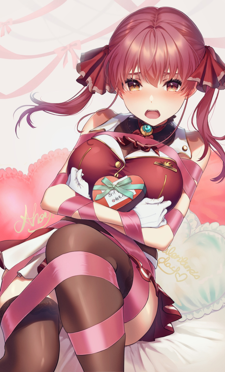 1girl ascot ayamalimas bangs bare_shoulders blush bound box breasts brown_legwear brown_leotard gloves hair_between_eyes hair_ribbon heart heart-shaped_box heart_pillow heterochromia highres hololive houshou_marine large_breasts leotard long_hair looking_at_viewer miniskirt nose_blush object_hug open_mouth pillow pink_ribbon pleated_skirt red_eyes red_neckwear red_ribbon red_skirt red_vest redhead ribbon ribbon_bondage sitting skindentation skirt solo thigh-highs twintails valentine vest virtual_youtuber white_gloves yellow_eyes