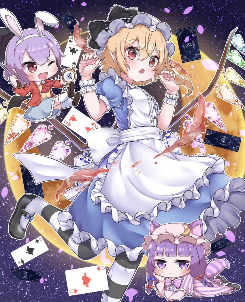 3girls :o ace_of_clubs ace_of_hearts ace_of_spades alice_(wonderland) alice_(wonderland)_(cosplay) alice_in_wonderland animal_ears apron arms_up bangs bat_wings black_footwear blonde_hair blue_dress blue_skirt blunt_bangs bored brown_footwear card cat_ears cat_tail chibi club_(shape) commentary_request cosplay cravat crescent crescent_hair_ornament diamond_(shape) dress ears_through_headwear elbow_rest eyebrows_visible_through_hair fang flandre_scarlet foot_out_of_frame full_moon hair_between_eyes hair_ornament hand_on_own_face hat heart highres holding holding_pocket_watch holding_umbrella jacket kemonomimi_mode kneehighs leg_lift looking_at_viewer lying mary_janes mob_cap moon multiple_girls on_stomach one_eye_closed open_clothes open_jacket open_mouth outstretched_legs pantyhose partial_commentary patchouli_knowledge petals petticoat pink_headwear playing_card pointy_ears puffy_short_sleeves puffy_sleeves purple_hair rabbit_ears red_eyes red_jacket red_neckwear remilia_scarlet remitei03 sash shirt shoes short_hair short_sleeves skirt sky standing standing_on_one_leg star_(sky) starry_sky striped striped_capelet striped_dress striped_legwear striped_tail tail touhou two_of_diamonds umbrella violet_eyes white_headwear white_legwear wings wrist_cuffs yellow_shirt