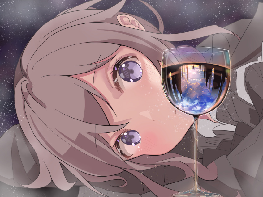 1girl bangs close-up collared_shirt cup drinking_glass face girls_frontline grey_hair highres jacket light_blush looking_at_viewer lying m200_(girls_frontline) rot_zzi shirt sky solo tears violet_eyes white_shirt wine_glass
