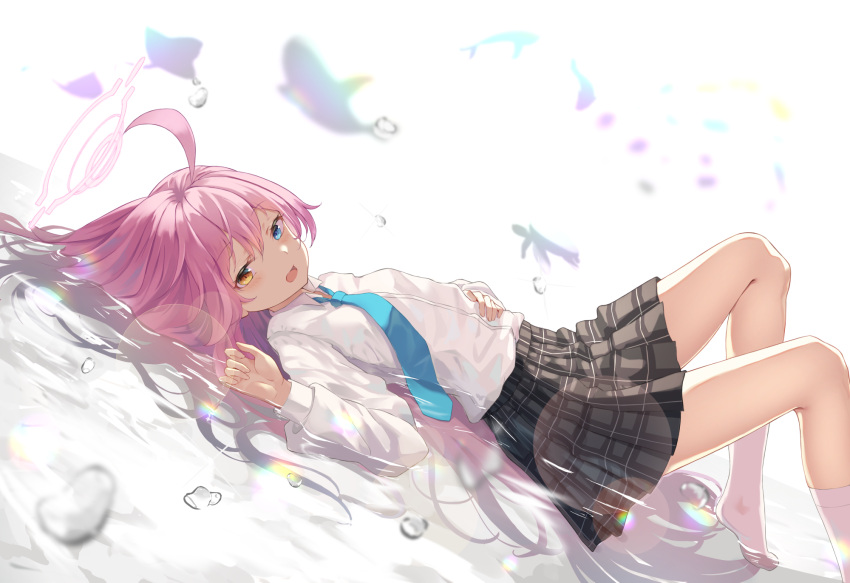 1girl :d ahoge barefoot blue_archive blue_eyes blue_neckwear blush breasts brown_skirt dutch_angle foot_out_of_frame grey_background halo hands_up heterochromia highres hoshino_(blue_archive) long_hair long_sleeves looking_at_viewer lying necktie on_back open_mouth partially_submerged pink_hair plaid plaid_skirt shands shirt simple_background skirt small_breasts smile solo water white_shirt yellow_eyes
