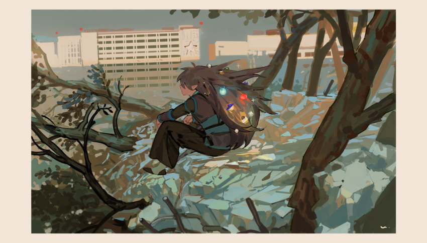 1boy black_hair border building fengxi_(the_legend_of_luoxiaohei) glowing hair_ornament highres knees_up leaf long_hair long_sleeves outdoors pointy_ears profile sitting solo the_legend_of_luo_xiaohei tree ukumo_uichi white_border wide_shot